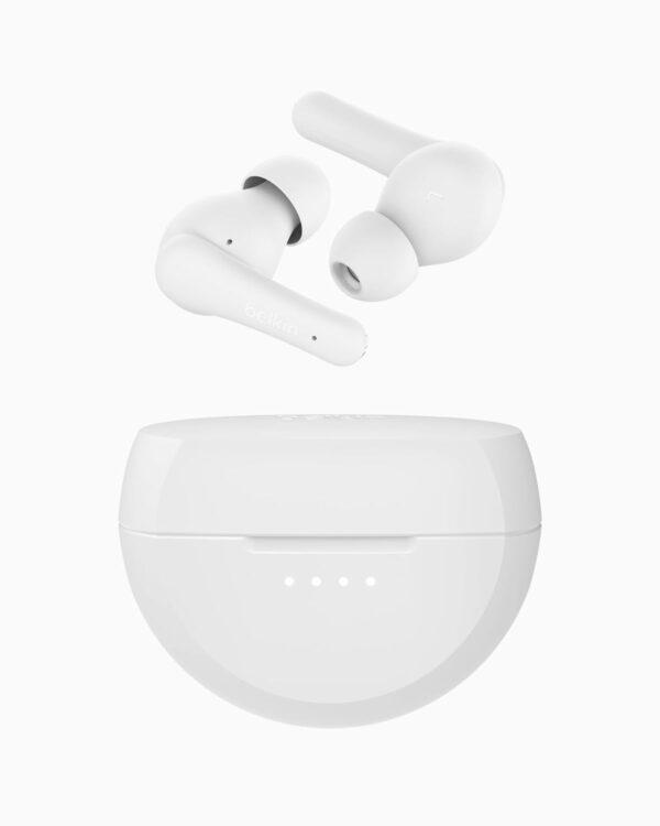 Belkin SoundForm Rhythm True Wireless Earbuds with Built-in Microphone, USB-C Fast Charging, 28H Battery Life, IPX5 Water Resistance - Bluetooth Earbuds for iPhone, iPad, Galaxy, Pixel, & More - white