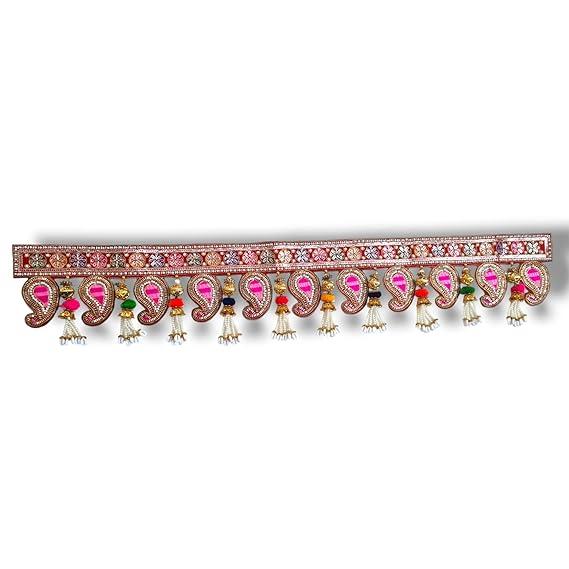 Handmade Traditional Door Hanging Bhandhanwar for Main Entrance Design with Multicolour Pom Pom White Moti Beads & Kaudi Red Velvet Festive Home Decoration Diwali (Length 36" inches)