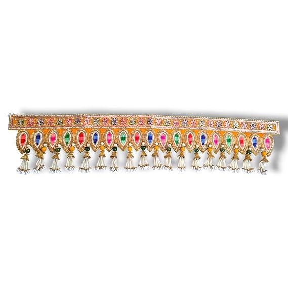 Handmade Traditional Door Hanging Bhandhanwar for Main Entrance with Multicolour Beads & Kaudi Yellow Velvet Beautiful Toran for Festive Home Decoration Diwali (Length 36" inches) -Yellow