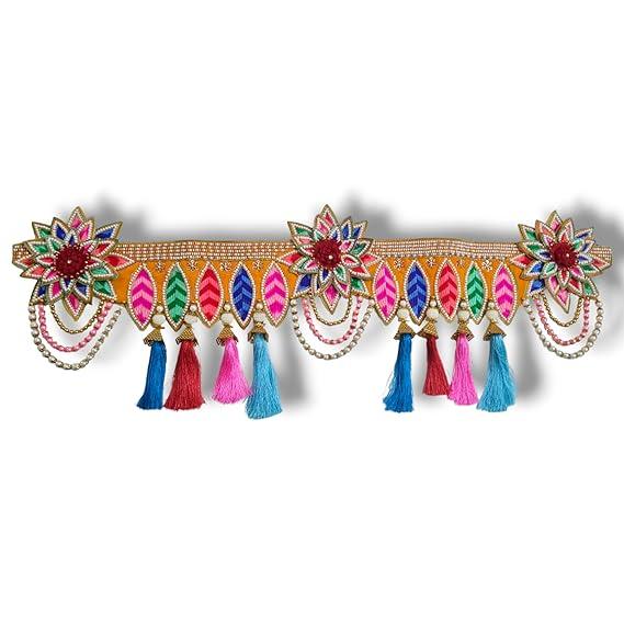 Handmade Traditional Door Hanging Bhandhanwar for Main Entrance Multicolour Flower & Leaves Design with Pink & White Moti Beads (Length 36" inches)