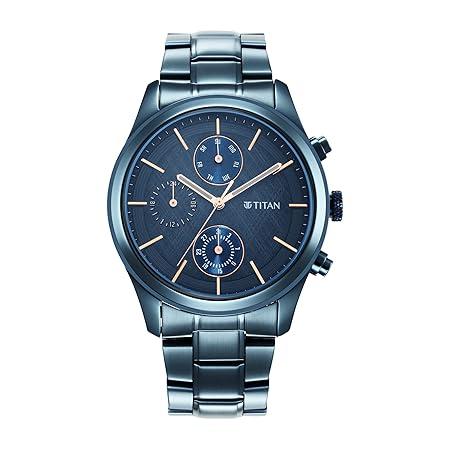 Titan Neo Splash Quartz Multifunction Midnight Blue Dial Metallic Blue Stainless Steel Strap Watch for Men (2 Color Options)