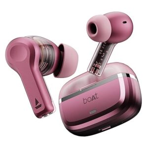 Boat Nirvana Space, 360º Spatial Audio, Active Noise Cancellation (~32dB), 100Hrs Battery, v5.3 Bluetooth Earbuds, TWS Ear Buds Wireless Earphones with mic (Pink)